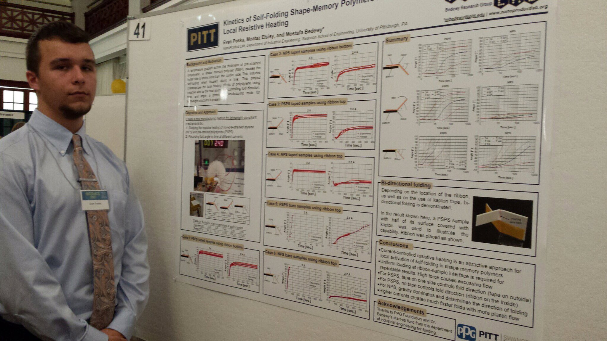 Evan Poska presents a poster on the self-folding shape memory polymer
